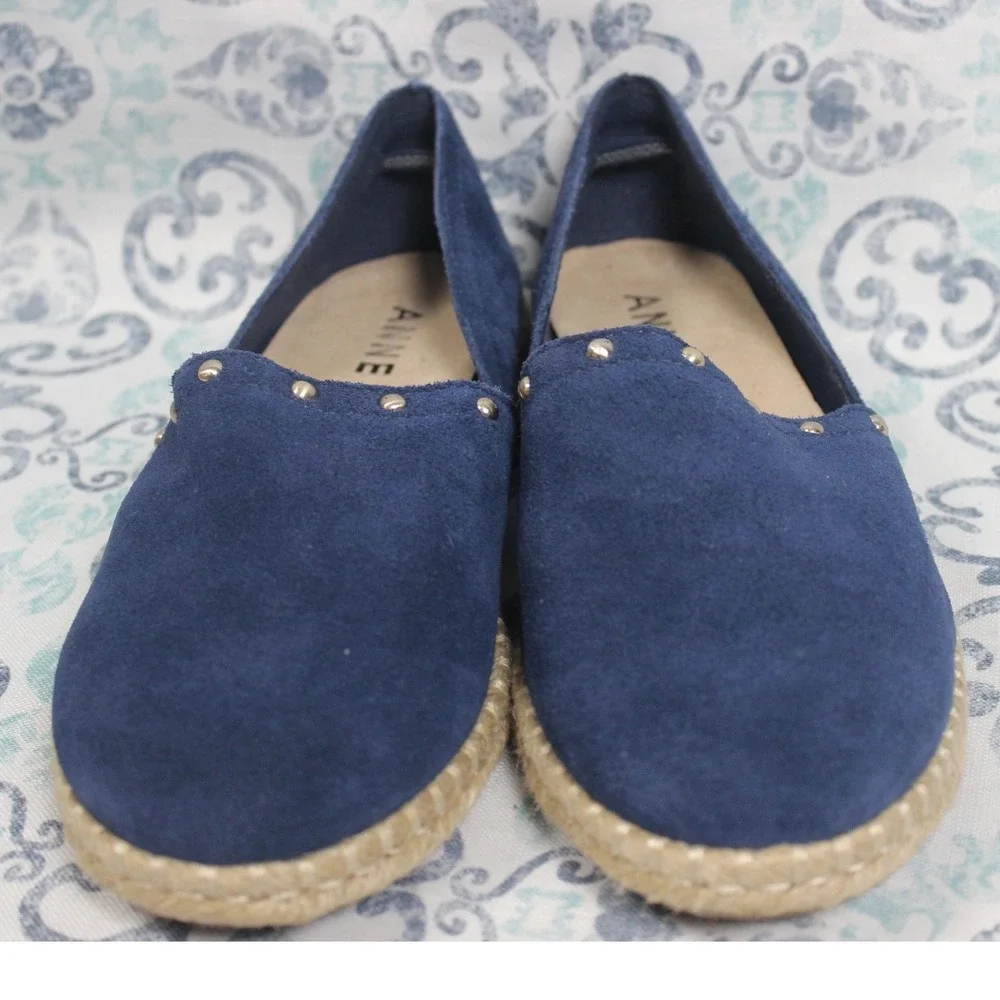 ANNE KLEIN Navy Blue Suede Espadrille Flats‎ Studded Detail Slip On Shoes 8M